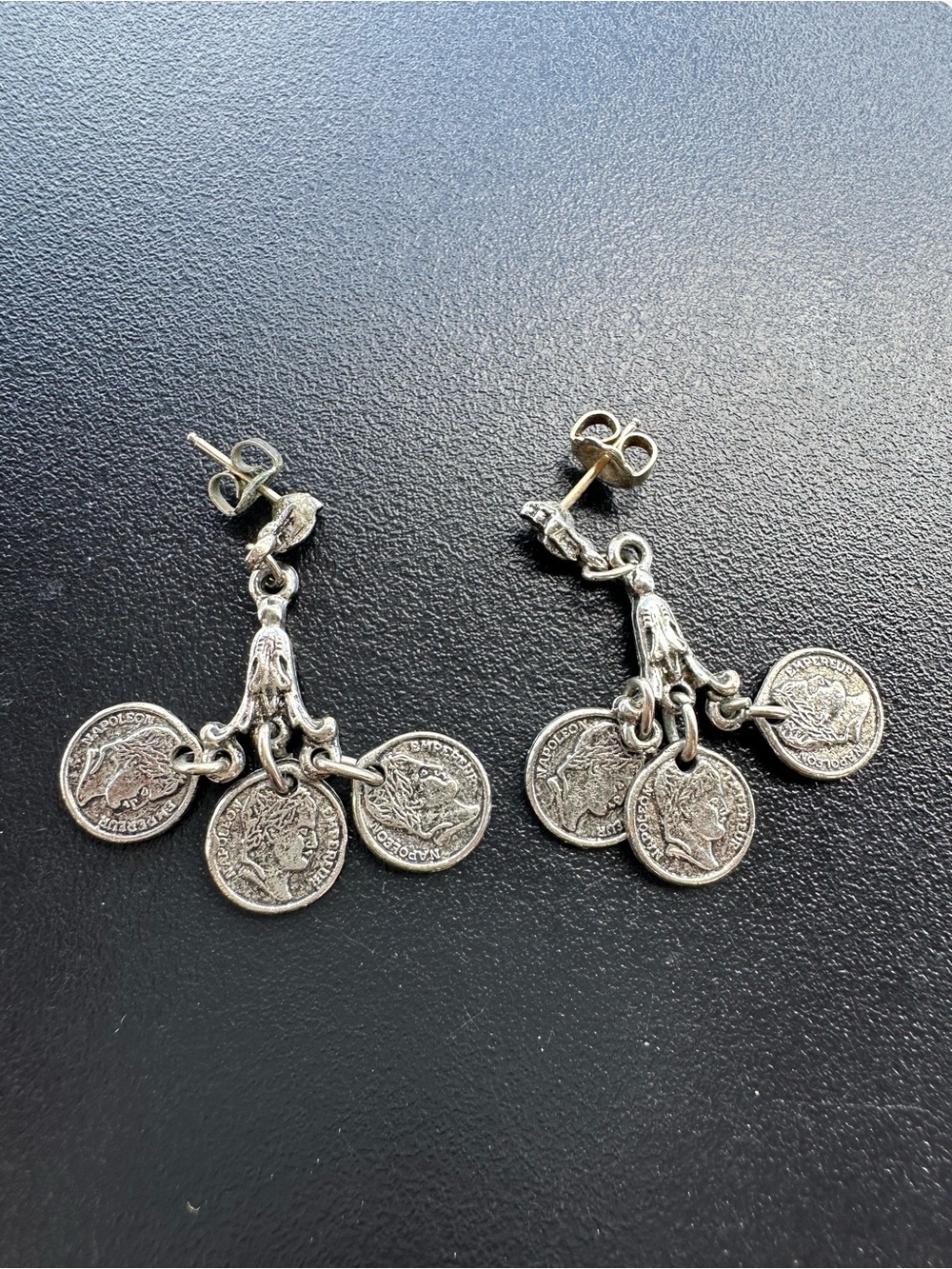 Vintage Napoleon Empereur Silver Tone Coin Dangle pierced Earrings